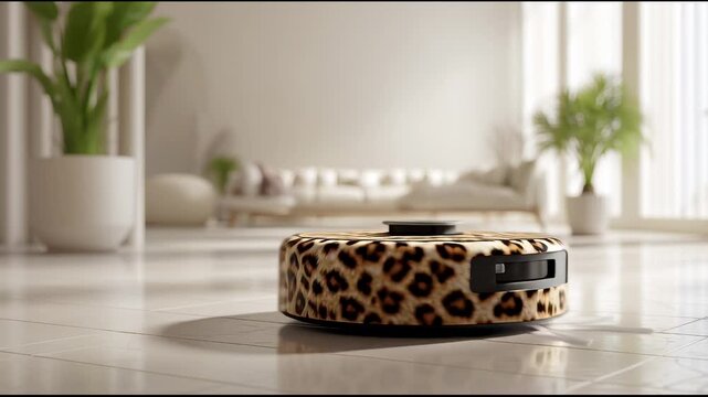 Leopard print robot vacuum cleaner activating on floor