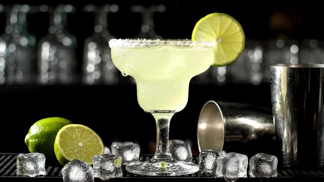  The focal point is a classic, stemmed margarita glass filled with a frosty, opaque, pale yellow-green cocktail, suggesting it is well-chilled or perhaps frozen.