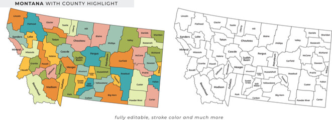 Naklejka premium Montana county map with colorful and black and white outline versions for navigation and planning