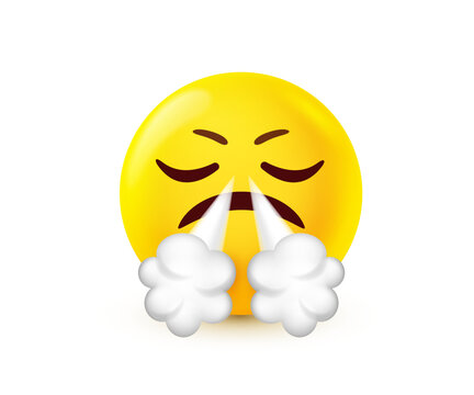 Angry emoji with steam from nose, frustrated yellow emoticon with closed eyes and frowning mouth. 3d mesh vector style illustration of mad face expression for stress and negative reaction on white