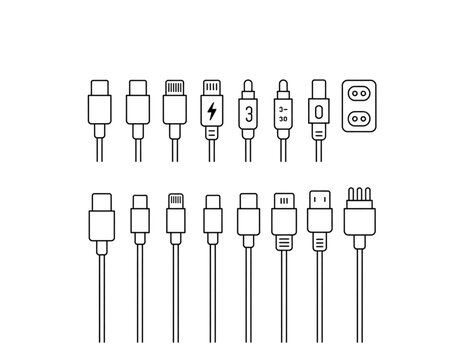 Assorted types of computer and audio connectors displayed in a row isolated on transparent background