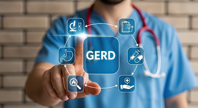 Doctor explaining GERD symptoms and treatment options with interactive icons