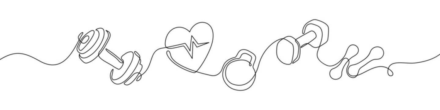 Weightlifting and heart health in continuous line art style with barbell and heartbeat with pulse. Minimalist vector of gym equipment with dumbbell and kettlebell. Fitness, workout and cardio training