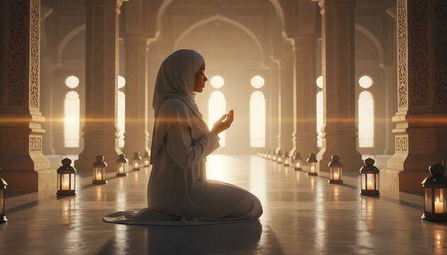 Muslim woman praying inside grand mosque during holy month