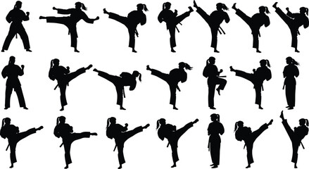 Female karate silhouette collection, martial arts high kick poses and fighting stances, black vector illustration isolated © Shahin