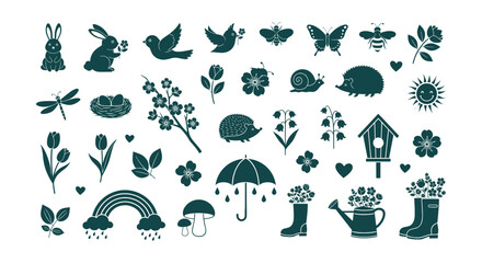 Cute Spring Nature Garden Animals Flowers Plants Outdoor Elements Vector Icons Collection © vectorial