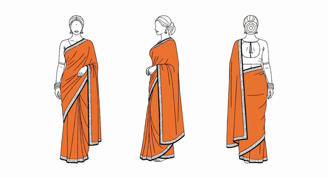 Three views of a woman draped in a traditional orange sari with ornate borders
