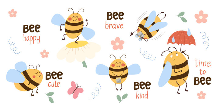 Collection of cute bees with motivational lettering like bee happy, bee brave, bee kind. Stylesied illustrations for nursery decor, stickers, greeting cards and children apparel.