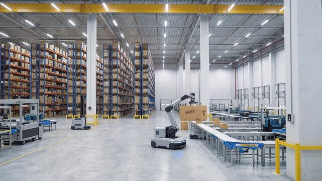 Industrial robotic arm lifting fragile cardboard box in modern fulfillment center. Automated warehouse technology for logistics and distribution. Tilt up wide shot.