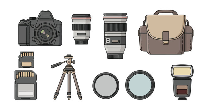 Camera Equipment Set DSLR Lenses Bag Tripod SD Card Filters.