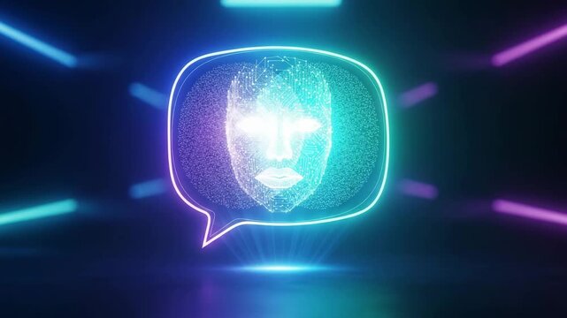 Artificial intelligence face glowing inside a speech bubble with digital circuitry patterns in a dark environment for tech banners.