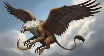 A Griffin flying in the cloudy sky with outstretched wings and sharp claws