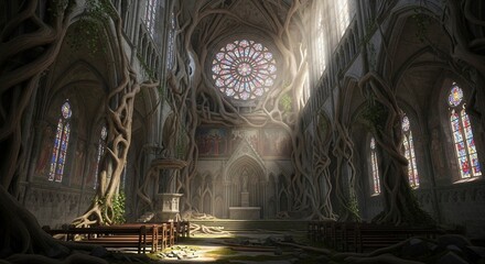 abandoned church interior with tree roots and stained glass windows