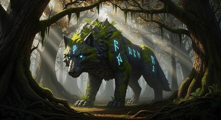 a wolf with moss on its back in a forest with glowing symbols on its body