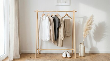 clothing rack with shirts and shoes on wooden floor