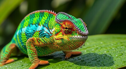 colorful chameleon on wet leaf closeup