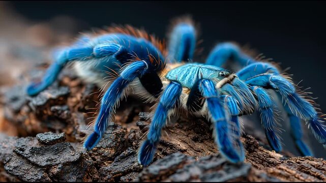 Macro shot blue Gooty sapphire tarantula on textured tree bark