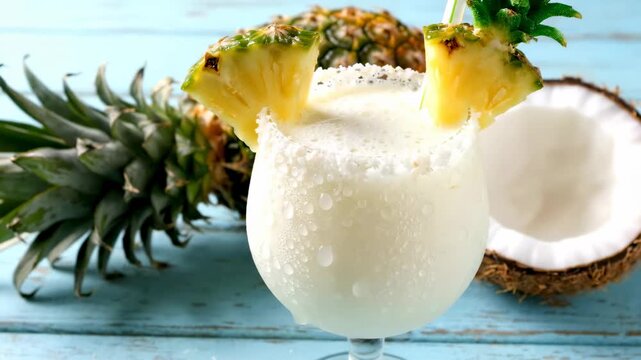  The drink is creamy and pale yellow, with a thick, smooth texture that suggests a blended mixture, likely made with pineapple and coconut.