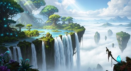 Fantasy landscape with waterfalls and floating islands in the clouds