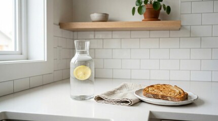kitchen counter with bread plate and lemon water carafe