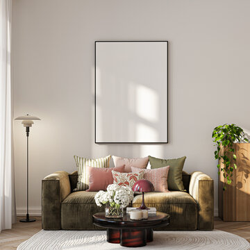 Modern Living Room Poster Frame Mockup with Natural Light and Minimalist Decoration. 3D render.