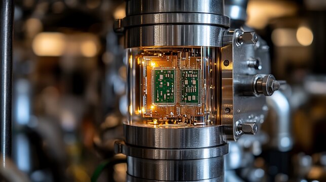 Advanced Quantum Computing Chip Inside a Vacuum Chamber.
