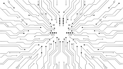 Digital circuit board background showcasing white electronic patterns. Vector tech design with semiconductor lines, motherboard elements, and modern circuitry composition. Digital vector illustration