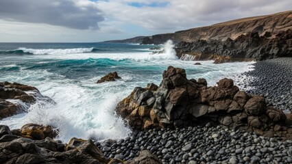 Obraz premium A rocky coastline with waves crashing against the shore under a cloudy sky