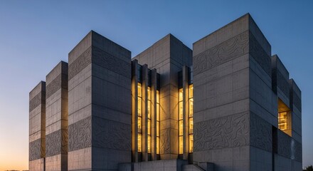 modern stone building with lit windows at sunset