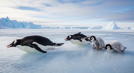 penguins jumping on ice in antarctica sea