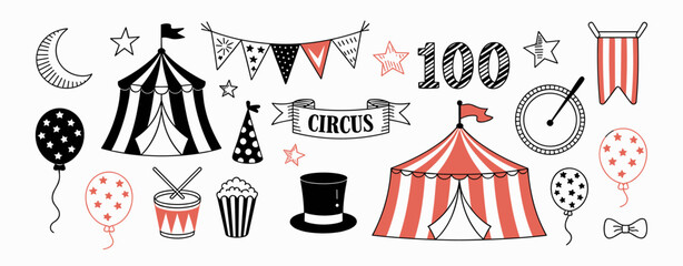 Hand drawn doodle circus elements. Vintage clipart