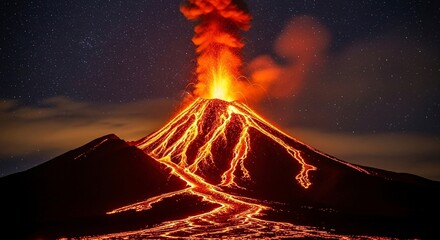 Volcano erupting at night with lava flows and smoke