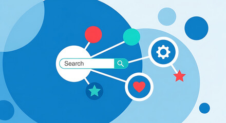 Obraz premium Conceptual illustration of a search bar connected to various icons representing search engine optimization and digital marketing
