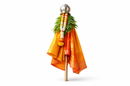 &ldquo;Close-up of beautifully decorated gudi with bright silk cloth, intricate golden zari patterns, sugar garland, neem leaves, copper kalash shining in sunlight, shallow depth of field, soft bokeh backgr