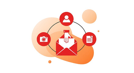 Obraz premium Conceptual illustration of email marketing with icons for user media and document sharing in a flat design style.