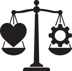 Scales of justice balancing a heart and a gear, representing the balance between emotion and logic, or ethics in industry.