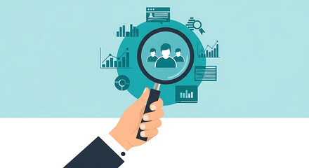 Fototapeta premium Conceptual illustration of a hand holding a magnifying glass to search and analyze human resources and target audience data