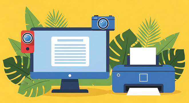 Flat vector illustration of a workspace with computer monitor blue printer digital cameras and tropical leaves background