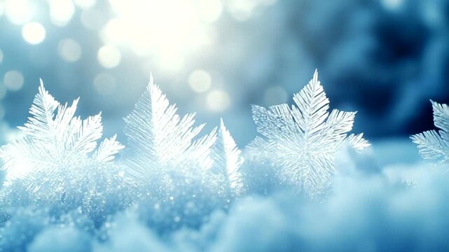 Frosted snowflakes glisten in sunlight, creating a serene winter landscape