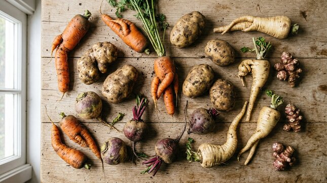 Freshly Harvested Imperfect Organic Root Vegetables on a Rustic Wooden Table