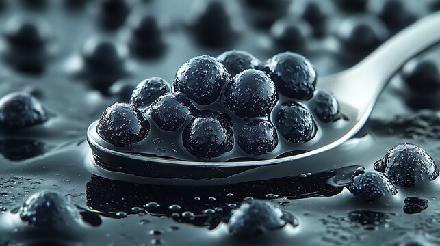 Close up of tapioca pearls in a spoon with water.