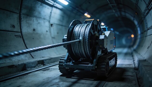 Medium shot of an automated winch robot pulling cable through a dimly lit metro tunnel with sharp focus on the device and blurred tunnel walls surrounding it