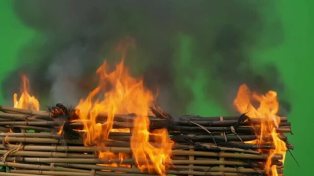 A woven structure of Bamboo thatch burns intensely with bright orange flames and dark smoke against a green screen background.