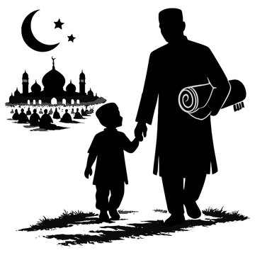 A black-and-white silhouette depicting a father and a child holding hands, walking together to go to Eid Gah for prayer.