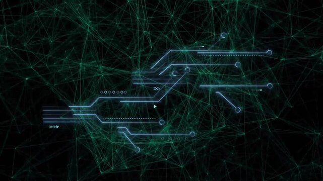On appearing cyan schematic lighting rails, pulsing nodes, sliding arrows, visualizing data flow