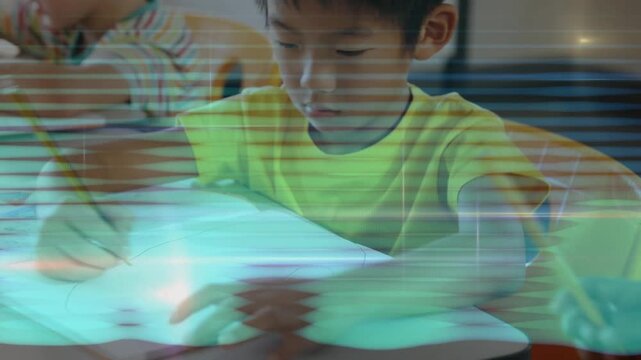 Student placing pencil on paper and writing while finishing class task, scanline overlaying scene