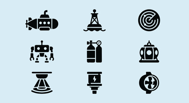 Underwater exploration and marine technology icons set featuring submarine, buoy, radar, diving robot, oxygen tank, bathyscaphe and underwater turbine