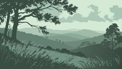 Fototapeta premium Vintage Style Monochromatic Sage Green Landscape Illustration of Rolling Hills and Trees