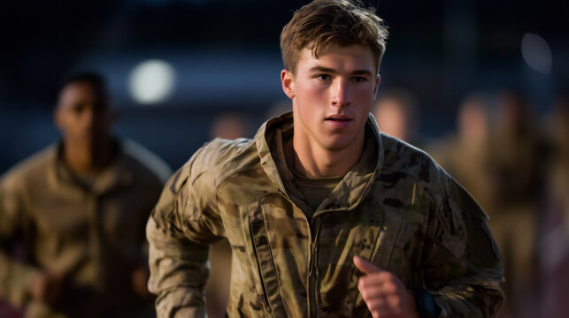Military drill sergeant leading exhausted recruits through intense predawn running exercise on a dark training track, perfect for army training concept, military fitness, recruit c