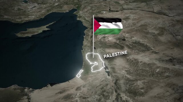Palestine Map Animation and 3D Waving of Palestine Flag Animation on Satellite Map